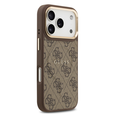 Apple iPhone 17 Pro Kılıf Guess Orjinal Lisanslı M-safe Şarj Özellikli Gold Metal Kamera Çerçeveli PU Deri 4G Desenli Yazı Logolu Kapak - 12