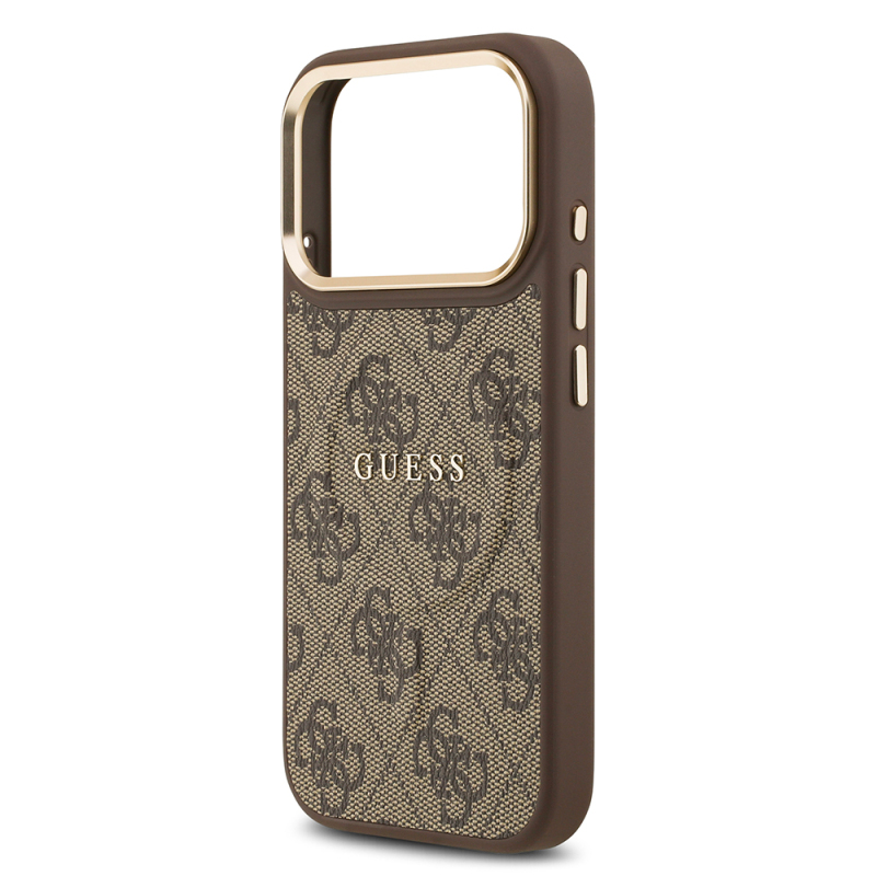 Apple iPhone 17 Pro Kılıf Guess Orjinal Lisanslı M-safe Şarj Özellikli Gold Metal Kamera Çerçeveli PU Deri 4G Desenli Yazı Logolu Kapak - 14