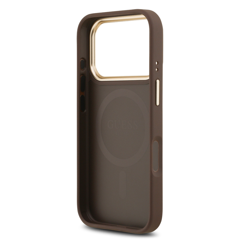 Apple iPhone 17 Pro Kılıf Guess Orjinal Lisanslı M-safe Şarj Özellikli Gold Metal Kamera Çerçeveli PU Deri 4G Desenli Yazı Logolu Kapak - 15