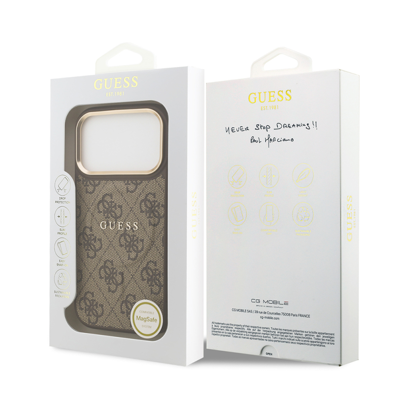 Apple iPhone 17 Pro Kılıf Guess Orjinal Lisanslı M-safe Şarj Özellikli Gold Metal Kamera Çerçeveli PU Deri 4G Desenli Yazı Logolu Kapak - 17