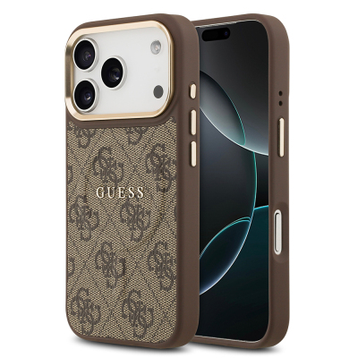 Apple iPhone 17 Pro Kılıf Guess Orjinal Lisanslı M-safe Şarj Özellikli Gold Metal Kamera Çerçeveli PU Deri 4G Desenli Yazı Logolu Kapak - 3