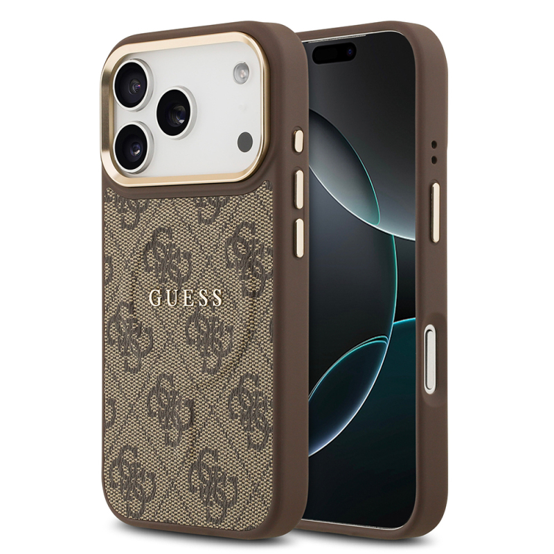Apple iPhone 17 Pro Kılıf Guess Orjinal Lisanslı M-safe Şarj Özellikli Gold Metal Kamera Çerçeveli PU Deri 4G Desenli Yazı Logolu Kapak - 3