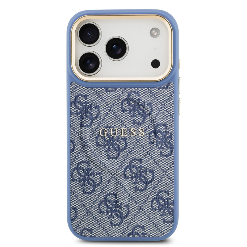 Apple iPhone 17 Pro Kılıf Guess Orjinal Lisanslı M-safe Şarj Özellikli Gold Metal Kamera Çerçeveli PU Deri 4G Desenli Yazı Logolu Kapak - 21