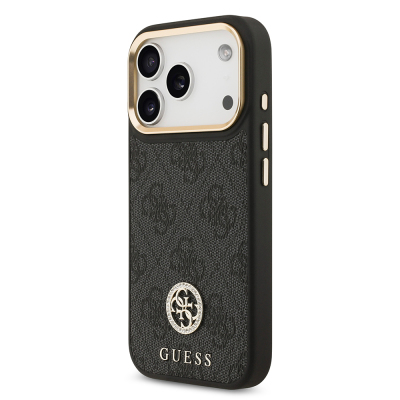 Apple iPhone 17 Pro Kılıf Guess Orjinal Lisanslı M-safe Şarj Özellikli Gold Metal Kamera Çerçeveli Taşlı 4G Logolu Kapak - 4