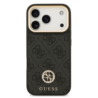Apple iPhone 17 Pro Kılıf Guess Orjinal Lisanslı M-safe Şarj Özellikli Gold Metal Kamera Çerçeveli Taşlı 4G Logolu Kapak - 5