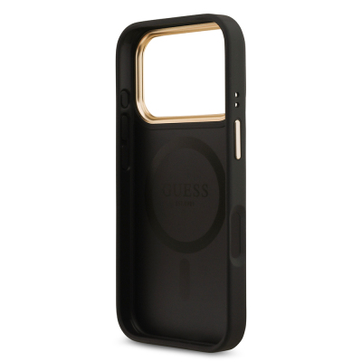 Apple iPhone 17 Pro Kılıf Guess Orjinal Lisanslı M-safe Şarj Özellikli Gold Metal Kamera Çerçeveli Taşlı 4G Logolu Kapak - 9