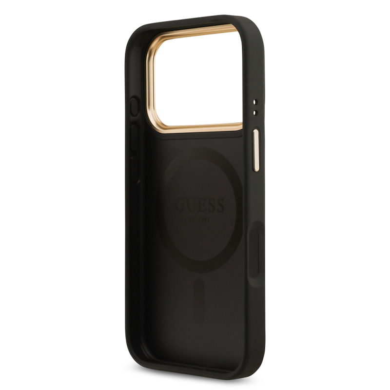 Apple iPhone 17 Pro Kılıf Guess Orjinal Lisanslı M-safe Şarj Özellikli Gold Metal Kamera Çerçeveli Taşlı 4G Logolu Kapak - 9