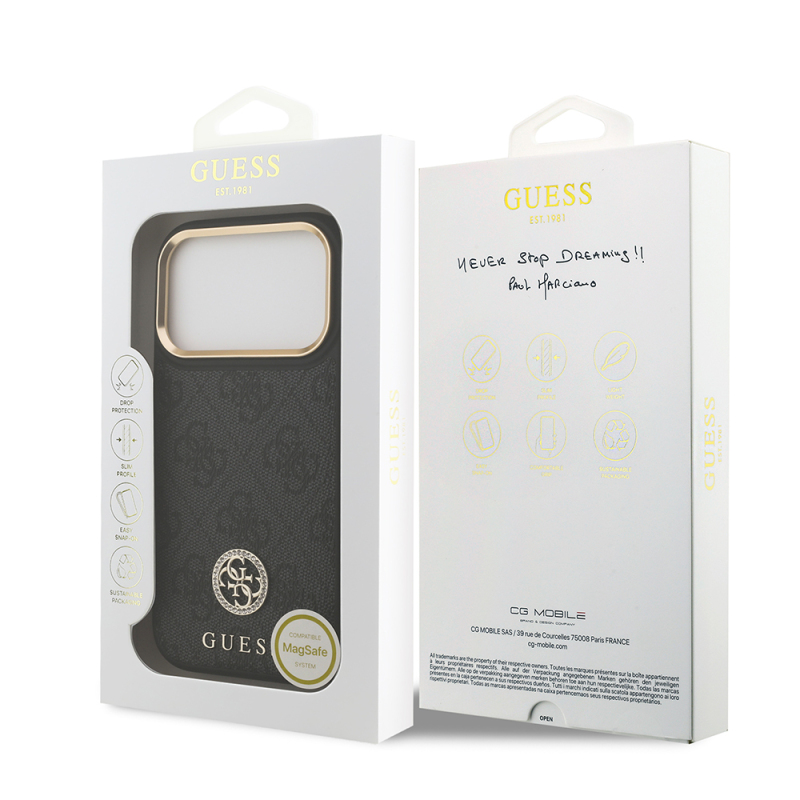 Apple iPhone 17 Pro Kılıf Guess Orjinal Lisanslı M-safe Şarj Özellikli Gold Metal Kamera Çerçeveli Taşlı 4G Logolu Kapak - 17