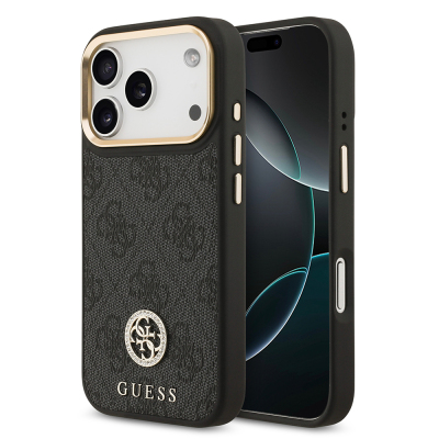 Apple iPhone 17 Pro Kılıf Guess Orjinal Lisanslı M-safe Şarj Özellikli Gold Metal Kamera Çerçeveli Taşlı 4G Logolu Kapak - 1