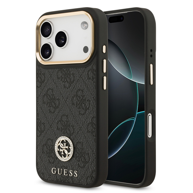 Apple iPhone 17 Pro Kılıf Guess Orjinal Lisanslı M-safe Şarj Özellikli Gold Metal Kamera Çerçeveli Taşlı 4G Logolu Kapak - 1