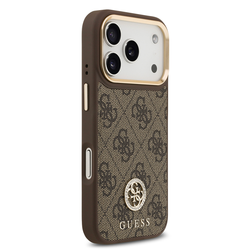 Apple iPhone 17 Pro Kılıf Guess Orjinal Lisanslı M-safe Şarj Özellikli Gold Metal Kamera Çerçeveli Taşlı 4G Logolu Kapak - 12