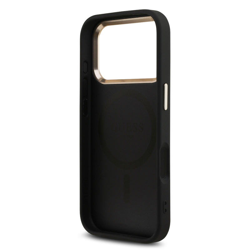 Apple iPhone 17 Pro Kılıf Guess Orjinal Lisanslı M-safe Şarj Özellikli Gold Metal Kamera Çerçeveli Taşlı Üçgen Logo 4G Desenli Kapak - 17