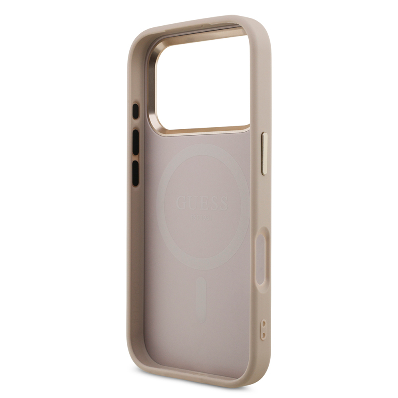 Apple iPhone 17 Pro Kılıf Guess Orjinal Lisanslı M-safe Şarj Özellikli Gold Metal Kamera Çerçeveli Taşlı Üçgen Logo 4G Desenli Kapak - 24