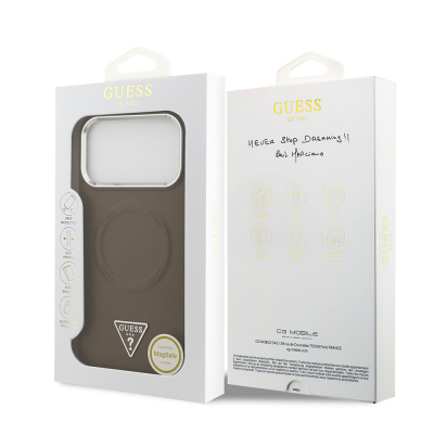 Apple iPhone 17 Pro Kılıf Guess Orjinal Lisanslı M-safe Şarj Özellikli PU Deri Metal Kamera Çerçeveli Üçgen Logolu Kapak - 17