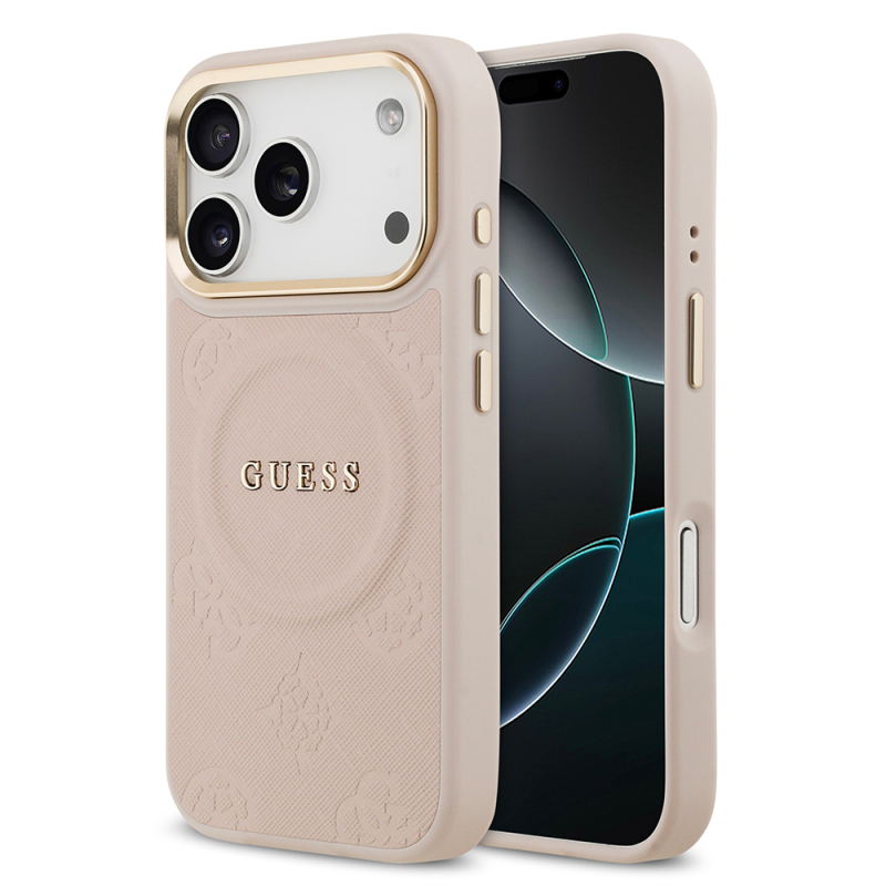 Apple iPhone 17 Pro Kılıf Guess Orjinal Lisanslı M-safe Şarj Özellikli Sıcak Baskılı Yazı Logolu PU Deri Peony Kapak - 1