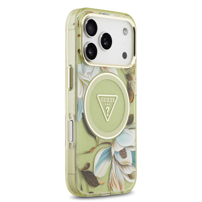 Apple iPhone 17 Pro Kılıf Guess Orjinal Lisanslı M-safe Şarj Özellikli Simli Çiçek Desenli Metal Kamera Çerçeveli Üçgen Logolu Kapak - 8