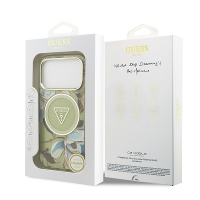 Apple iPhone 17 Pro Kılıf Guess Orjinal Lisanslı M-safe Şarj Özellikli Simli Çiçek Desenli Metal Kamera Çerçeveli Üçgen Logolu Kapak - 33