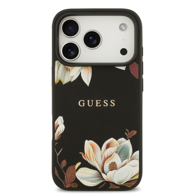 Apple iPhone 17 Pro Kılıf Guess Orjinal Lisanslı M-safe Şarj Özellikli Taneli Çiçek Tasarımlı Metal Yazı Logolu Kapak - 5
