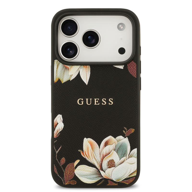 Apple iPhone 17 Pro Kılıf Guess Orjinal Lisanslı M-safe Şarj Özellikli Taneli Çiçek Tasarımlı Metal Yazı Logolu Kapak - 5