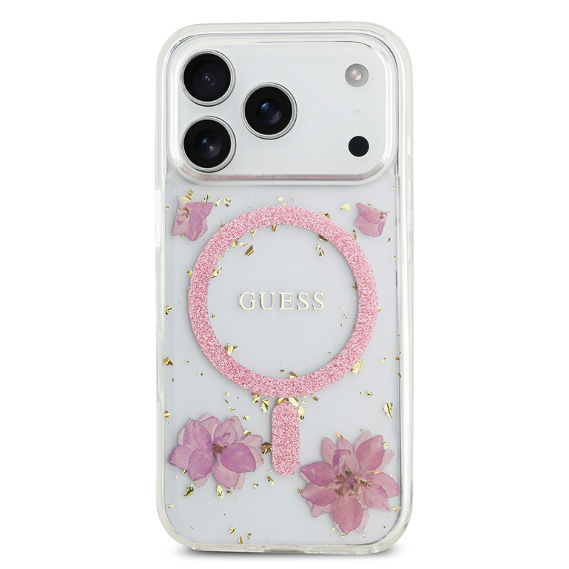 Apple iPhone 17 Pro Kılıf Guess Orjinal Lisanslı M-safe Şarj Özellikli Transparan Resin Flowers Kapak - 5