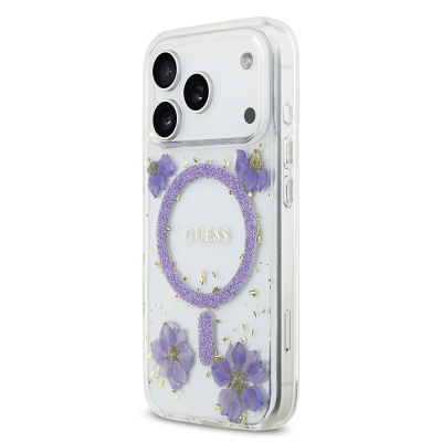 Apple iPhone 17 Pro Kılıf Guess Orjinal Lisanslı M-safe Şarj Özellikli Transparan Resin Flowers Kapak - 10