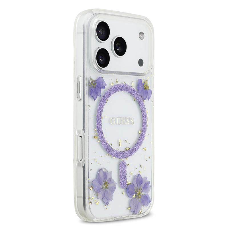 Apple iPhone 17 Pro Kılıf Guess Orjinal Lisanslı M-safe Şarj Özellikli Transparan Resin Flowers Kapak - 12