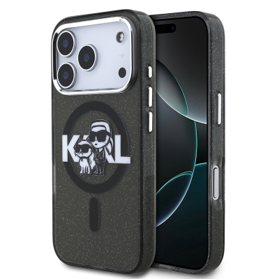 Apple iPhone 17 Pro Kılıf Karl Lagerfeld Orjinal Lisanslı Parlayan Simli Karl & Choupette Sketch Logo Kapak - 1