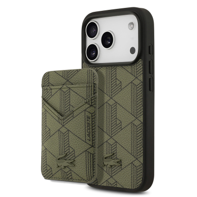 Apple iPhone 17 Pro Kılıf Lacoste Orjinal Lisanslı M-safe Şarj Özellikli PU Deri Tasarımlı Kartlıklı Karışık Monogram Desenli Kapak - 3