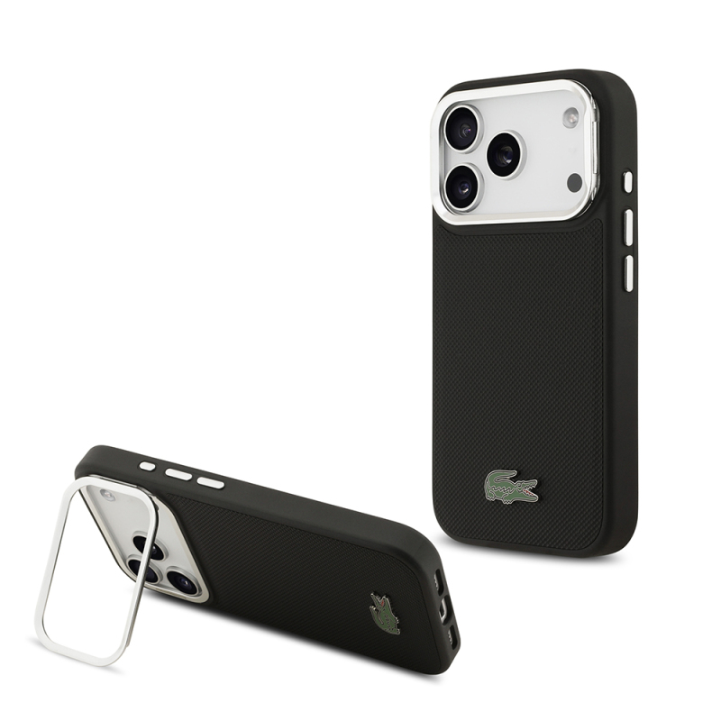Apple iPhone 17 Pro Kılıf Lacoste Orjinal Lisanslı M-safe Şarj Özellikli PU Pike Desenli Standlı Metal Logolu Kapak - 1