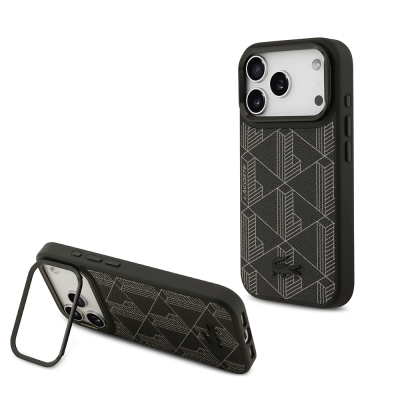 Apple iPhone 17 Pro Kılıf Lacoste Orjinal Lisanslı M-safe Şarj Özellikli Standlı PU Deri Karışık Monogram Desenli Kapak - 1