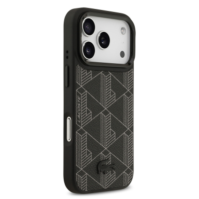 Apple iPhone 17 Pro Kılıf Lacoste Orjinal Lisanslı M-safe Şarj Özellikli Standlı PU Deri Karışık Monogram Desenli Kapak - 6