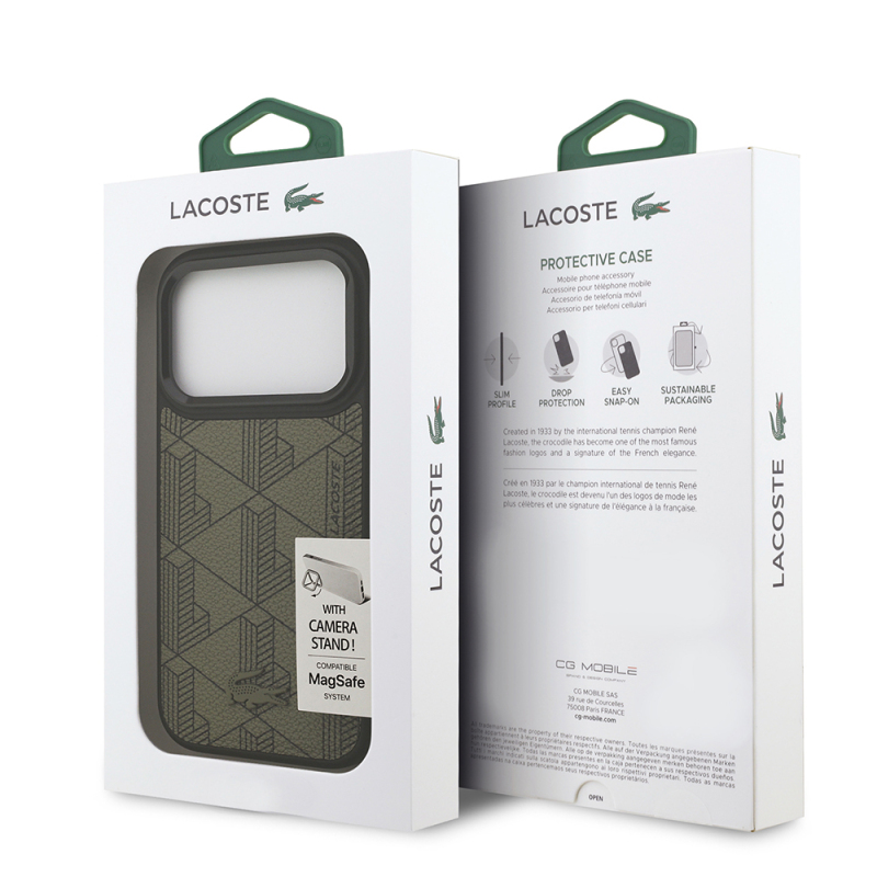 Apple iPhone 17 Pro Kılıf Lacoste Orjinal Lisanslı M-safe Şarj Özellikli Standlı PU Deri Karışık Monogram Desenli Kapak - 17