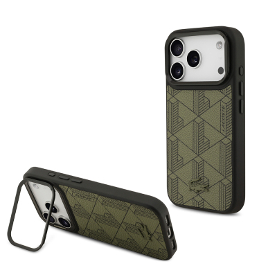 Apple iPhone 17 Pro Kılıf Lacoste Orjinal Lisanslı M-safe Şarj Özellikli Standlı PU Deri Karışık Monogram Desenli Kapak - 3