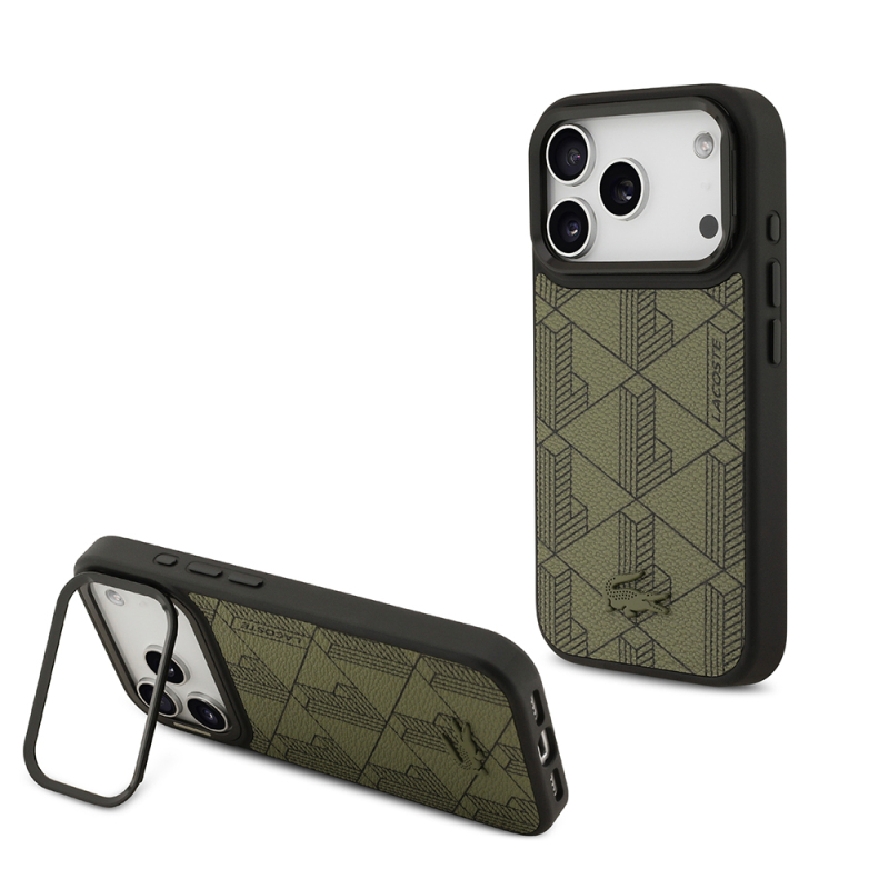 Apple iPhone 17 Pro Kılıf Lacoste Orjinal Lisanslı M-safe Şarj Özellikli Standlı PU Deri Karışık Monogram Desenli Kapak - 3