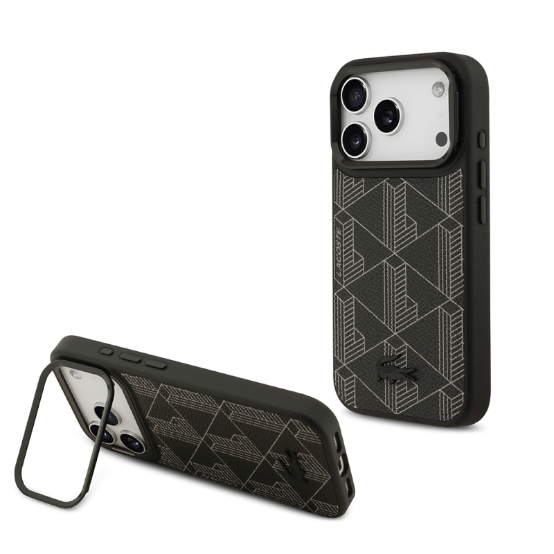 Apple iPhone 17 Pro Kılıf Lacoste Orjinal Lisanslı M-safe Şarj Özellikli Standlı PU Deri Karışık Monogram Desenli Kapak - 2