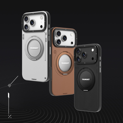 Apple iPhone 17 Pro Kılıf M-safe Şarj Özellikli 360 Derece Standlı Basit Mat Deri Desenli Youngkit Tech Leather Serisi Kapak - 14