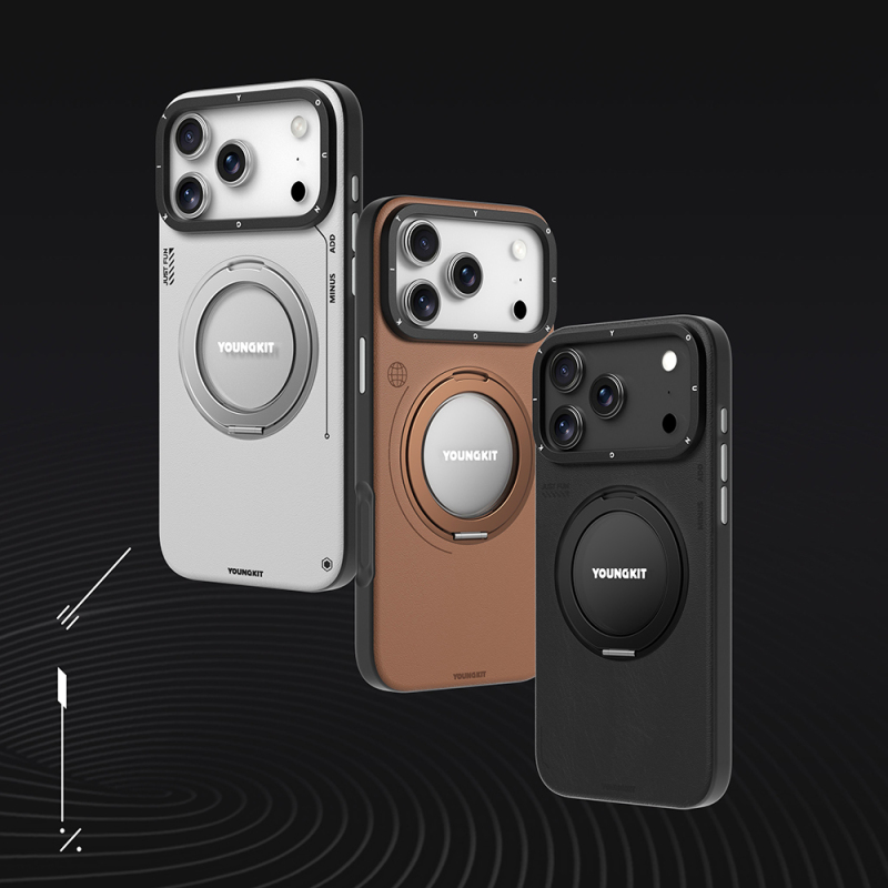 Apple iPhone 17 Pro Kılıf M-safe Şarj Özellikli 360 Derece Standlı Basit Mat Deri Desenli Youngkit Tech Leather Serisi Kapak - 14