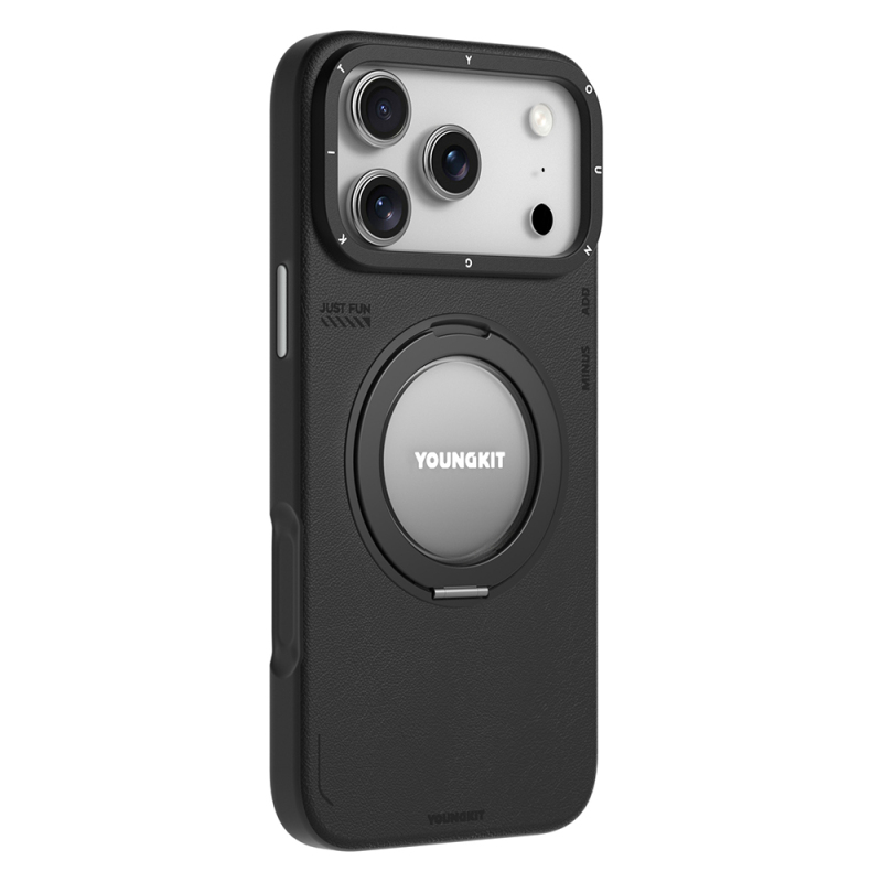 Apple iPhone 17 Pro Kılıf M-safe Şarj Özellikli 360 Derece Standlı Basit Mat Deri Desenli Youngkit Tech Leather Serisi Kapak - 5