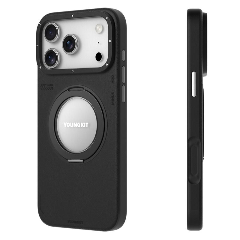 Apple iPhone 17 Pro Kılıf M-safe Şarj Özellikli 360 Derece Standlı Basit Mat Deri Desenli Youngkit Tech Leather Serisi Kapak - 8