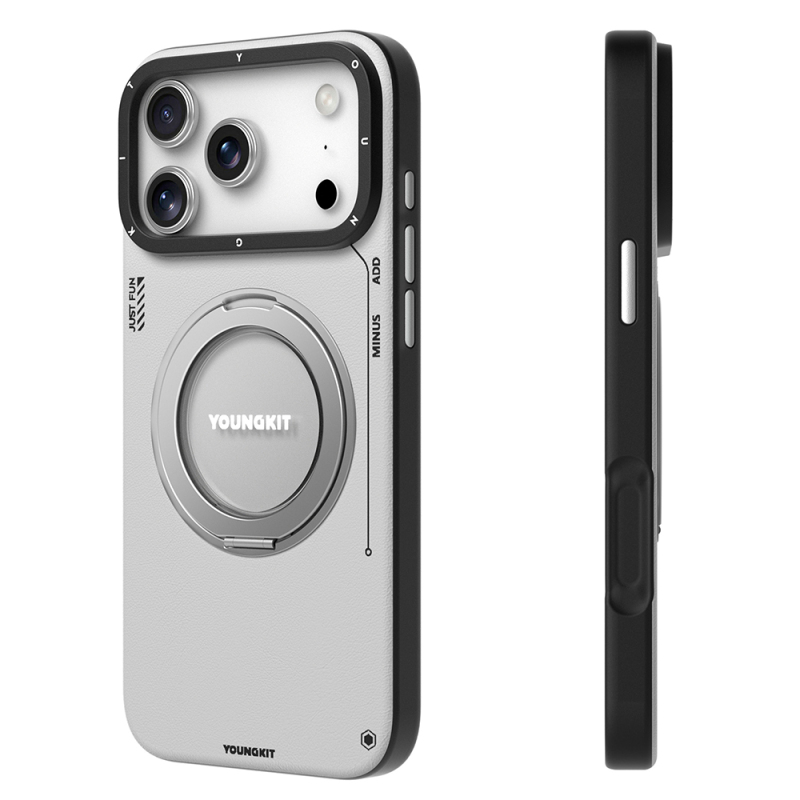 Apple iPhone 17 Pro Kılıf M-safe Şarj Özellikli 360 Derece Standlı Basit Mat Deri Desenli Youngkit Tech Leather Serisi Kapak - 10