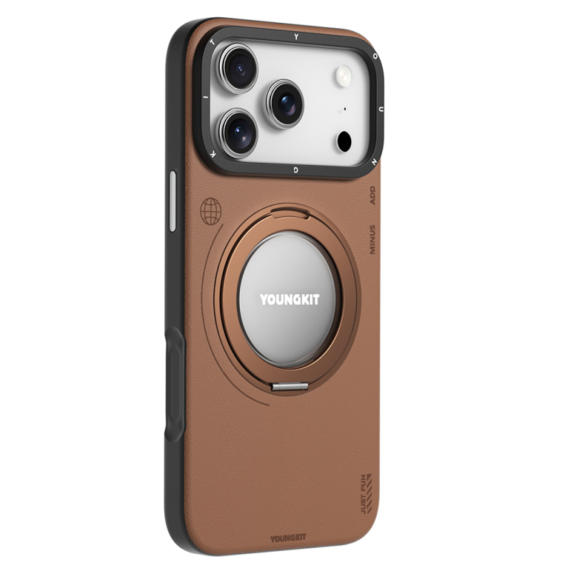 Apple iPhone 17 Pro Kılıf M-safe Şarj Özellikli 360 Derece Standlı Basit Mat Deri Desenli Youngkit Tech Leather Serisi Kapak - 6