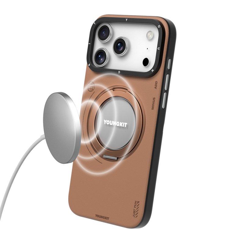 Apple iPhone 17 Pro Kılıf M-safe Şarj Özellikli 360 Derece Standlı Basit Mat Deri Desenli Youngkit Tech Leather Serisi Kapak - 15