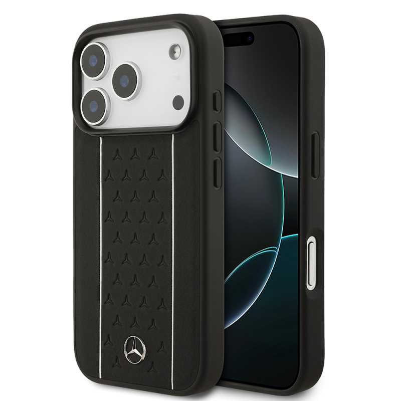 Apple iPhone 17 Pro Kılıf Mercedes Benz Orjinal Lisanslı M-safe Şarj Özellikli Şeritli Yıldız Desenli Metal Logolu Deri Kapak - 1