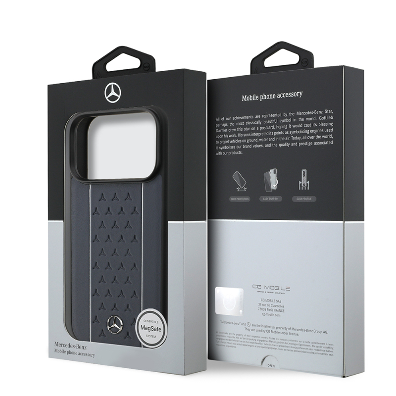 Apple iPhone 17 Pro Kılıf Mercedes Benz Orjinal Lisanslı M-safe Şarj Özellikli Şeritli Yıldız Desenli Metal Logolu Deri Kapak - 17