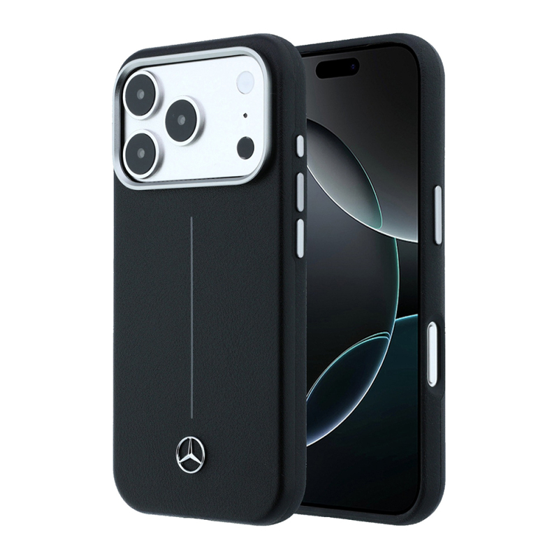Apple iPhone 17 Pro Max Case – Genuine Licensed Mercedes-Benz – Striped Leather Cover with Metal Star Logo and MagSafe Charging Support - 1