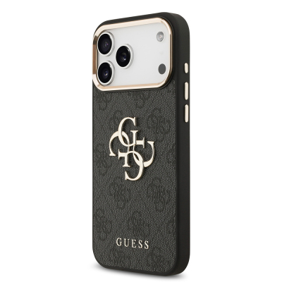Apple iPhone 17 Pro Max Case Guess Original Licensed Gold Metal Camera Frame 4G Patterned Metal Big 4G and Text Logo Cover - 4