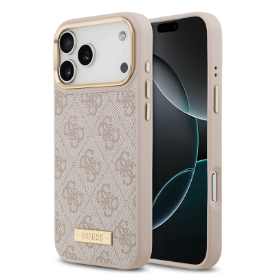 Apple iPhone 17 Pro Max Case Guess Original Licensed M-safe Charging Feature 4G Patterned PU Metal Plate Classic Logo Cover - 4
