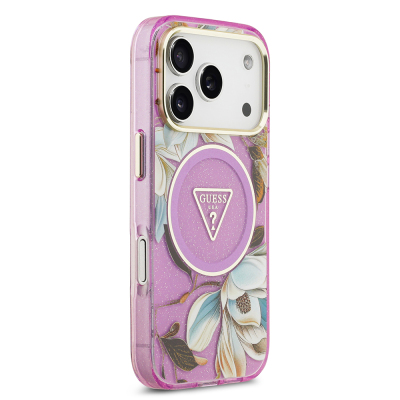Apple iPhone 17 Pro Max Case Guess Original Licensed M-safe Charging Feature Glittery Flower Patterned Metal Camera Frame Triangle Logo Cover - 8