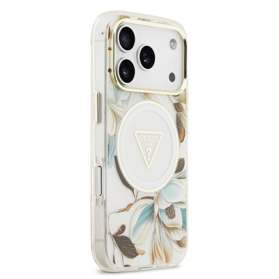 Apple iPhone 17 Pro Max Case Guess Original Licensed M-safe Charging Feature Glittery Flower Patterned Metal Camera Frame Triangle Logo Cover - 14