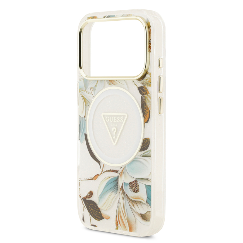 Apple iPhone 17 Pro Max Case Guess Original Licensed M-safe Charging Feature Glittery Flower Patterned Metal Camera Frame Triangle Logo Cover - 16